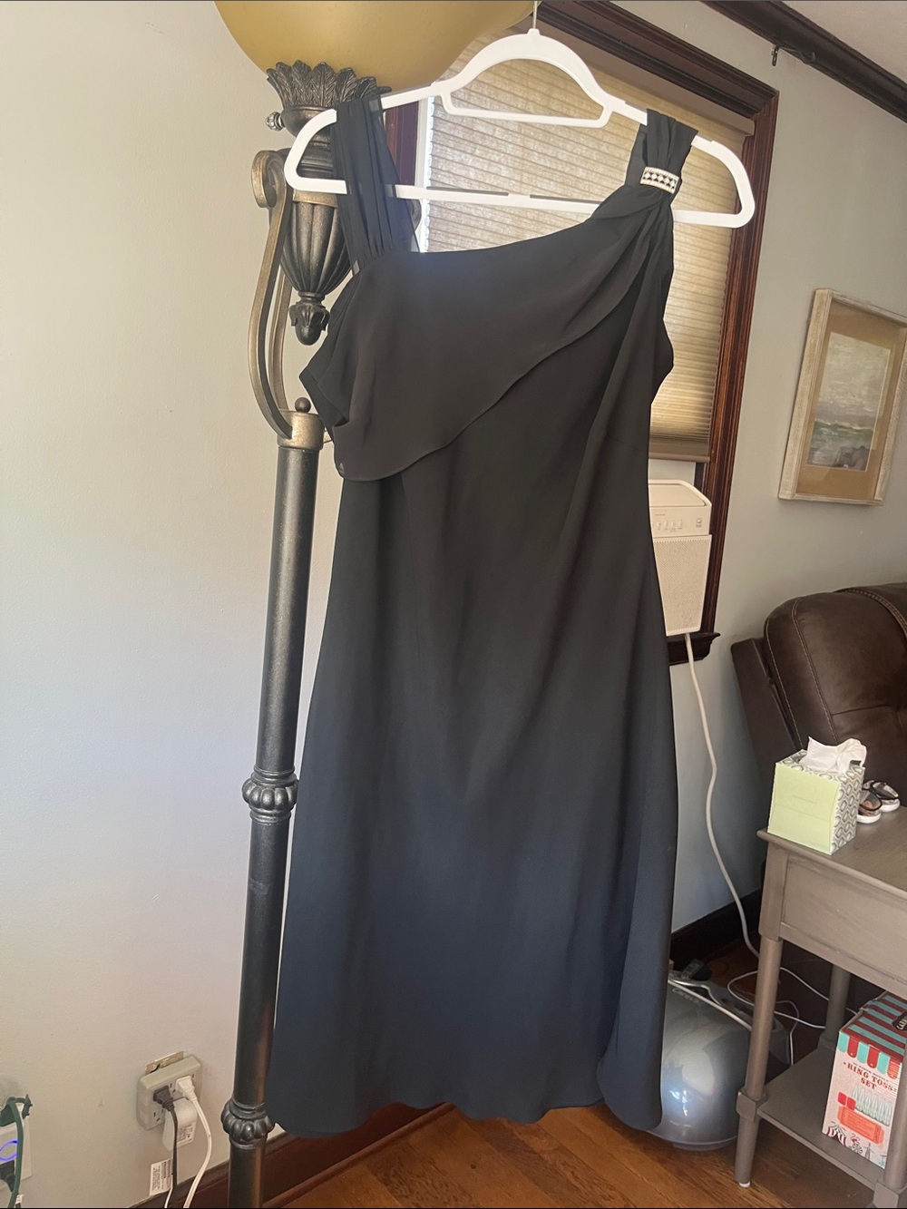 dressbarn Black One-Shoulder Dress with Draped Ruffle and Rhinestone Accent